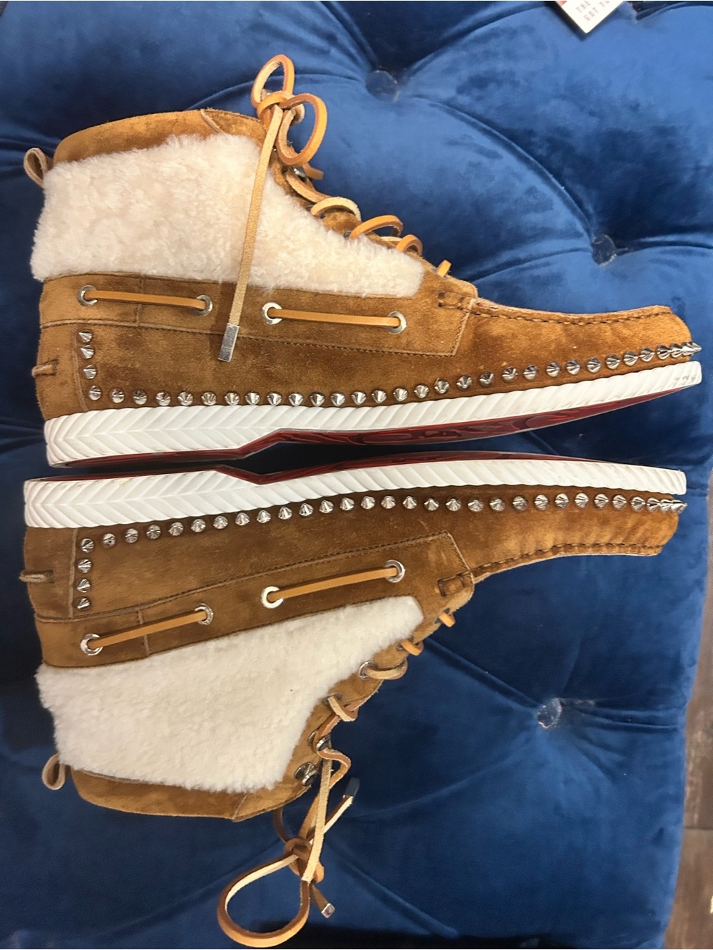Christian Louboutin Tan Suede Shearling-Trim Studded High-Top Boots
